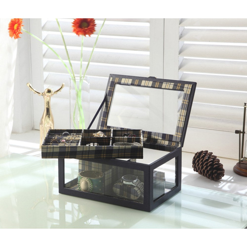 9.8" Long Tempered Glass and Leather Jewelry Case / Watch Display, Blue