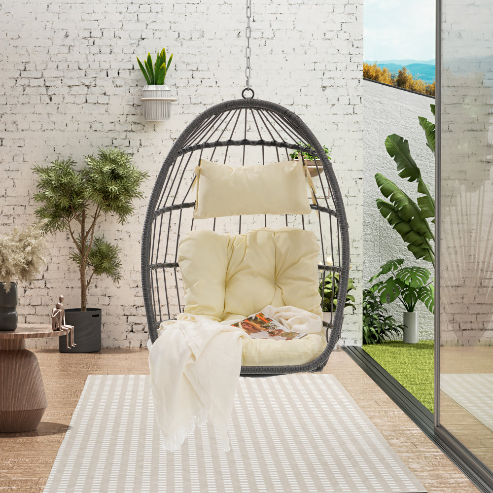 Outdoor Garden Rattan Egg Swing Chair Hanging Chair Wood+Khaki