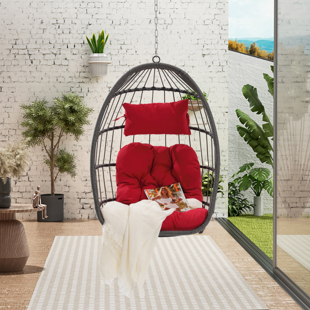 Outdoor Garden Rattan Egg Swing Chair Hanging Chair Wood+Khaki