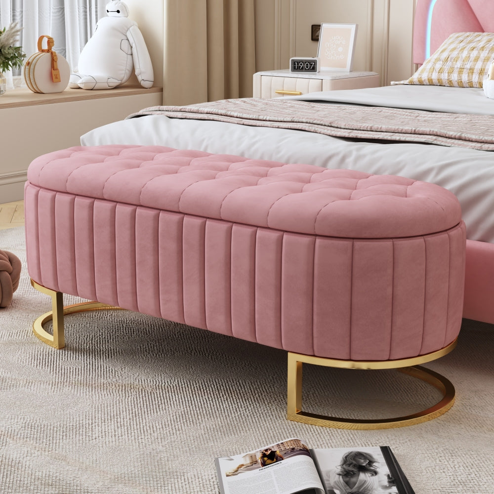 Elegant Upholstered Velvet Storage Ottoman with Button-Tufted,Storage Bench with Metal Legs for Bedroom,Living Room,Fully Assembled Except Legs,Beige