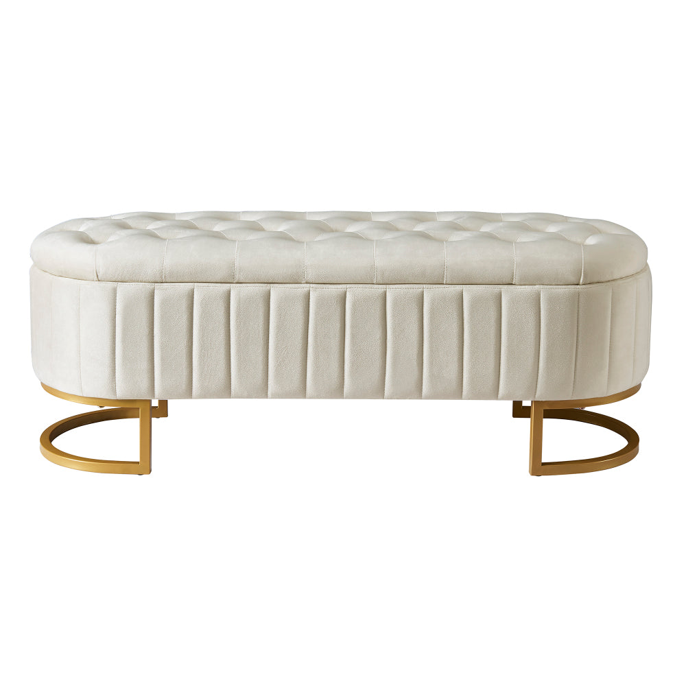 Elegant Upholstered Velvet Storage Ottoman with Button-Tufted,Storage Bench with Metal Legs for Bedroom,Living Room,Fully Assembled Except Legs,Beige
