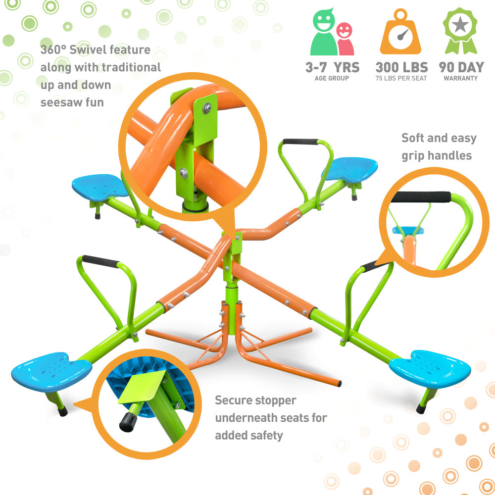 XSS004 outdoor playground four seats seesaw for kids 360 degree rotating sturdy plastic seat seesaw for kids seesaw blue and green for kids age 3+