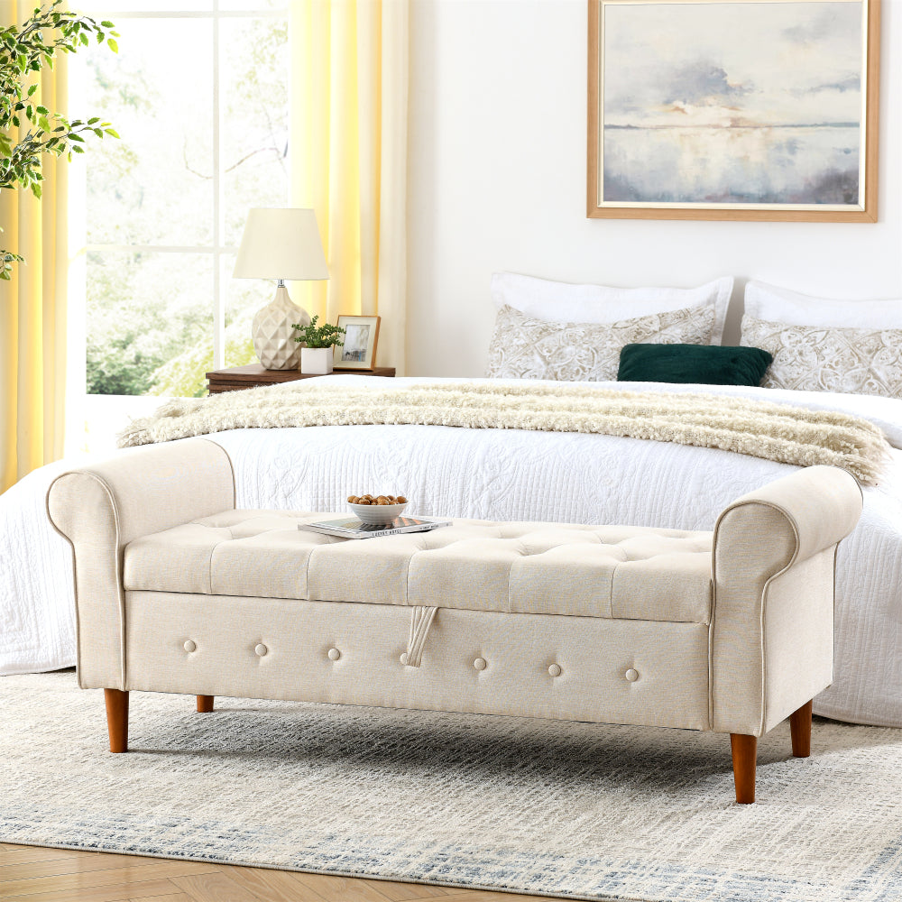 62" Bedroom Tufted Button Storage Bench, Modern Fabric Upholstered Ottoman, Window Bench, Rolled Arm Design for Bedroom, Living Room, Foyer (Grey)