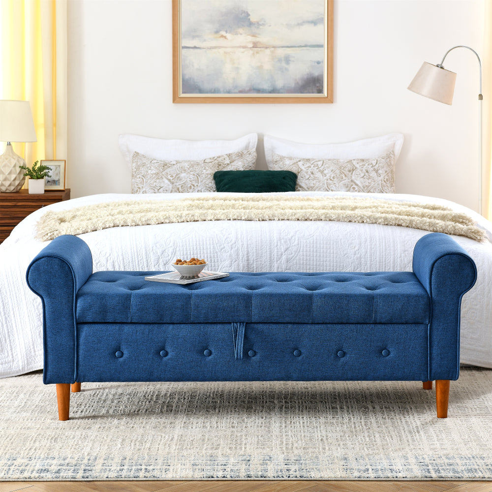 62" Bedroom Tufted Button Storage Bench, Modern Fabric Upholstered Ottoman, Window Bench, Rolled Arm Design for Bedroom, Living Room, Foyer (Grey)