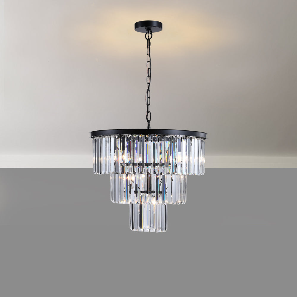 (Same as W1340102277/L5007) 20" Luxury 3-Tier Crystal Chandelier, 7-Light Black Frame Pendant Light, Elegant Ceiling Lighting for Living Room, Dining Room, Bedroom (No Bulbs)