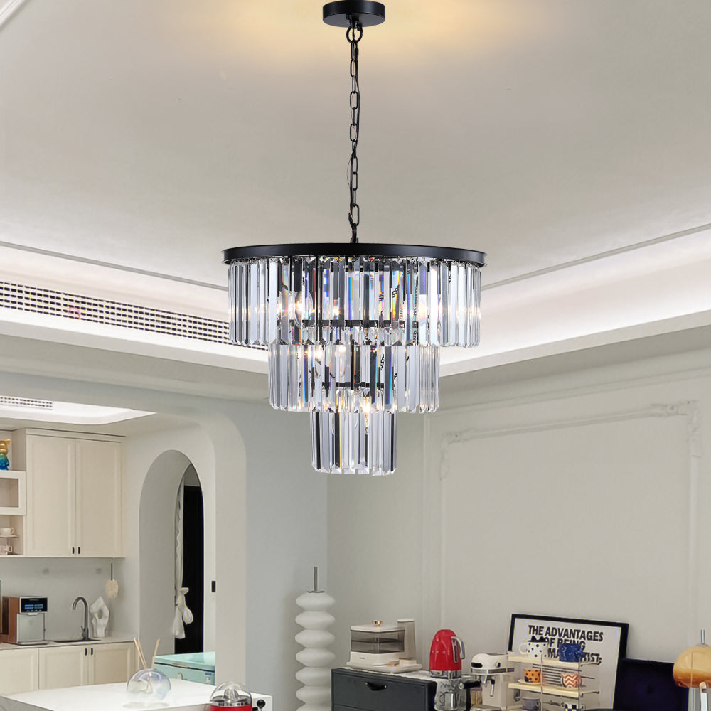 (Same as W1340102277/L5007) 20" Luxury 3-Tier Crystal Chandelier, 7-Light Black Frame Pendant Light, Elegant Ceiling Lighting for Living Room, Dining Room, Bedroom (No Bulbs)