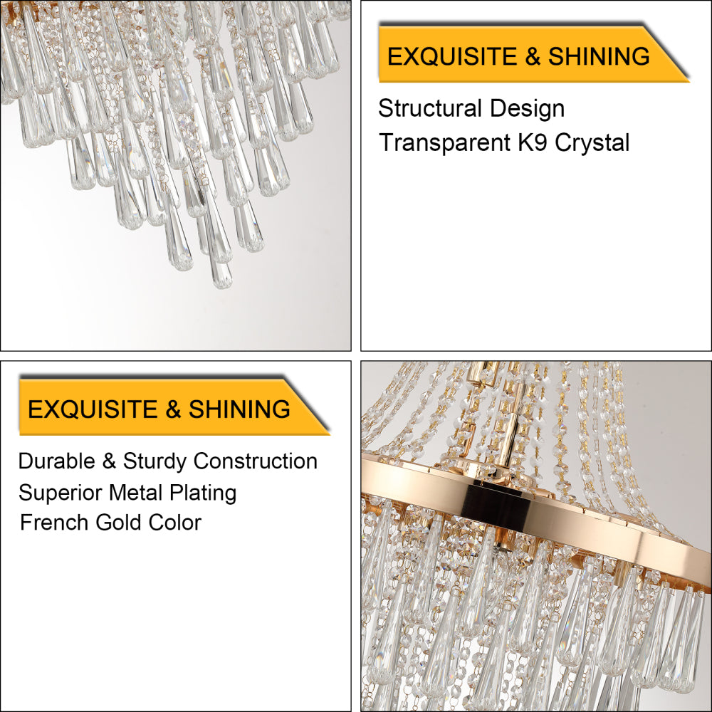 (Same as W1340102274/L5004) 20" Modern Crystal Pendant Chandelier with Golden Finish – Elegant 11-Light Hanging Light Fixture Tiered Design for Dining Room, Living Room, or Entryway (No Bulbs)