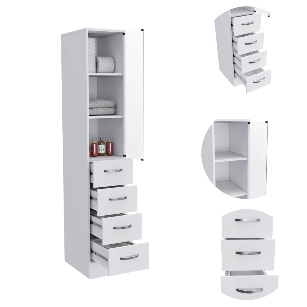 Linen Cabinet 68" H, Three Shelves, Four Drawers and Metal handles, White