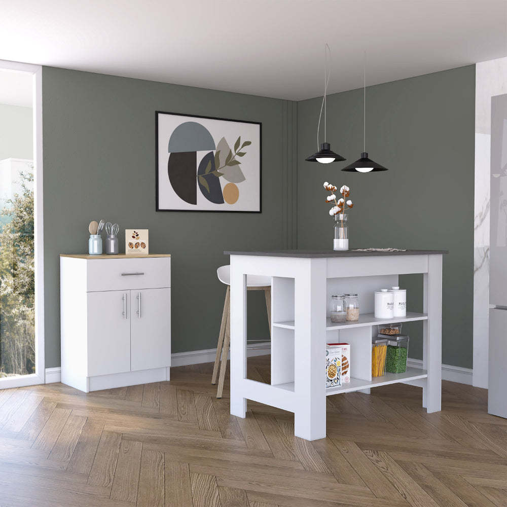 2 Piece Kitchen Set, Kitchen Island + Pantry Cabinet , White /Light Oak