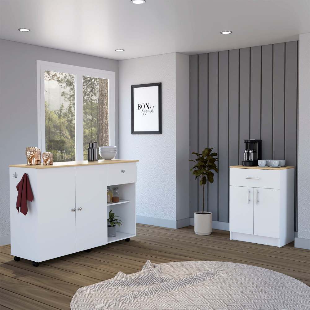 2 Piece Kitchen Set, Kitchen Island + Pantry Cabinet , White /Light Oak