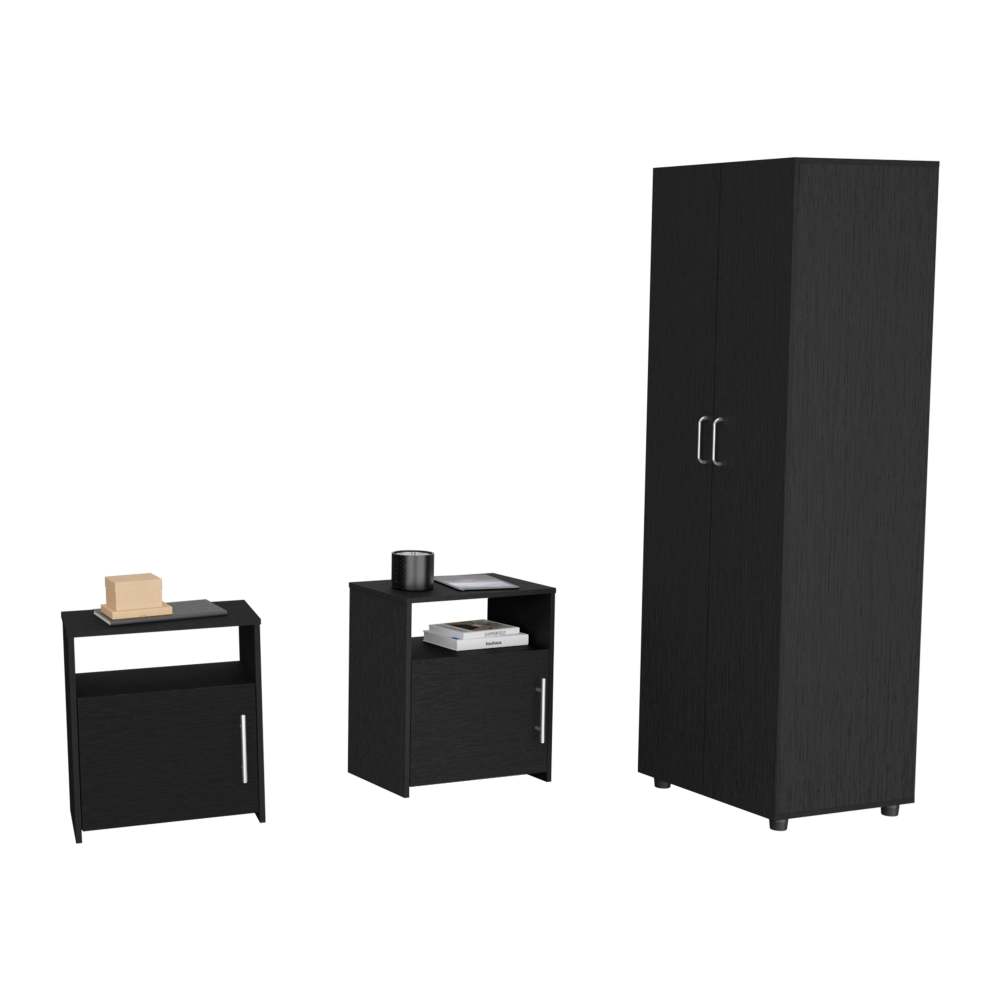 3 Piece Bedroom Set, London Armoire + 2 Omaha Nightstands, Black