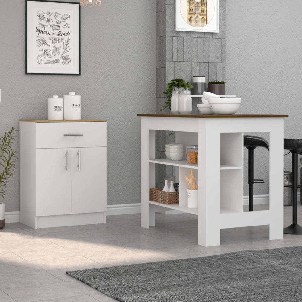 2 Piece Kitchen Set, Kitchen Island + Pantry Cabinet , White /Light Oak