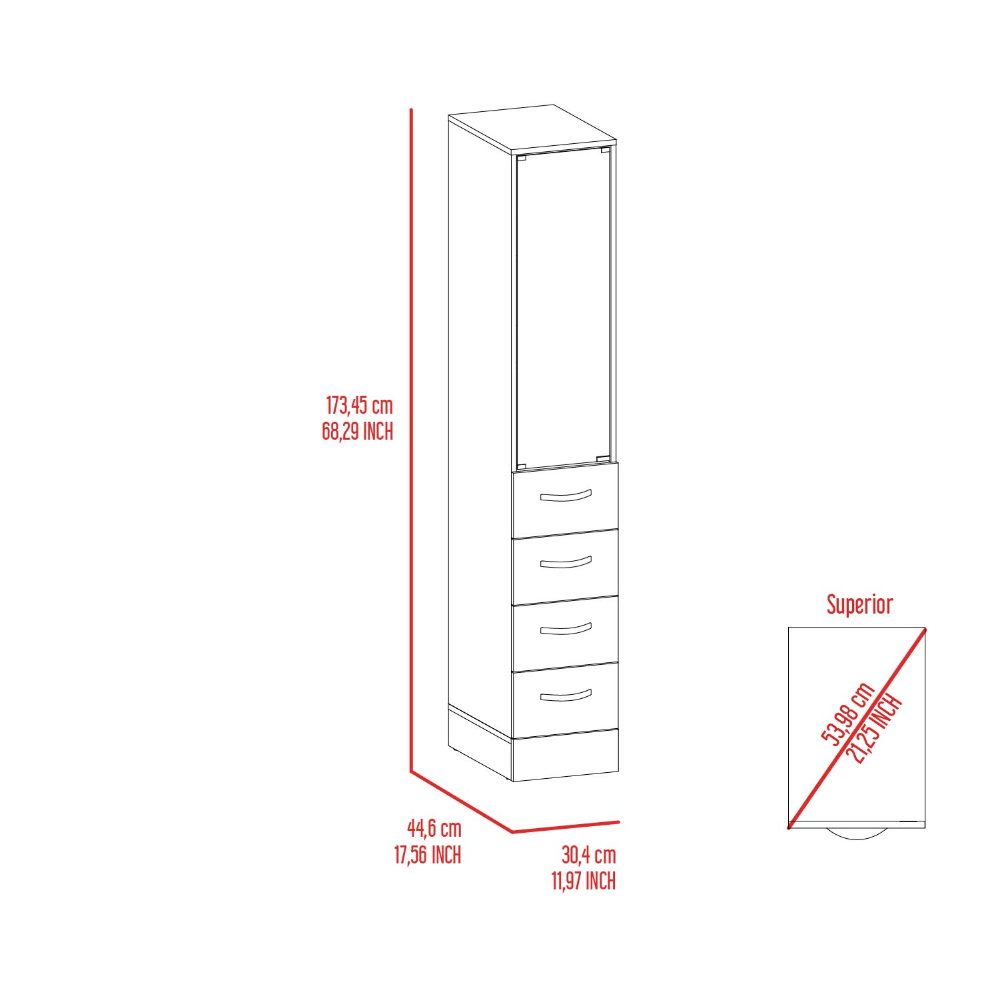 Linen Cabinet 68" H, Three Shelves, Four Drawers and Metal handles, White