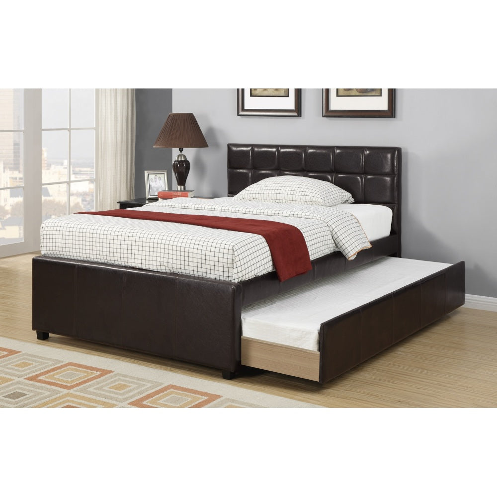 Twin Size Bed w/ Trundle Slats White Faux Leather Upholstered Plywood Kids Youth Bedroom Furniture Wooden Slats 1pc Bed