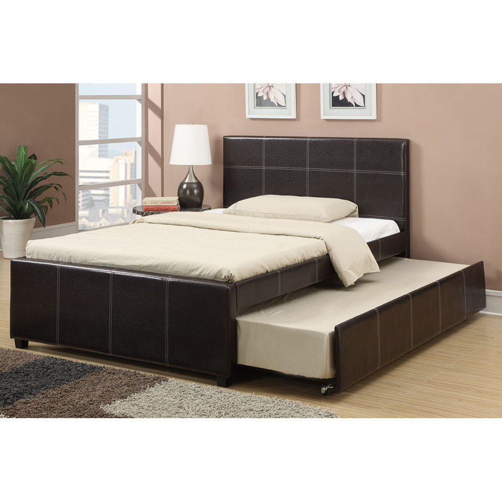 Twin Size Bed w/ Trundle Slats White Faux Leather Upholstered Plywood Kids Youth Bedroom Furniture Wooden Slats 1pc Bed