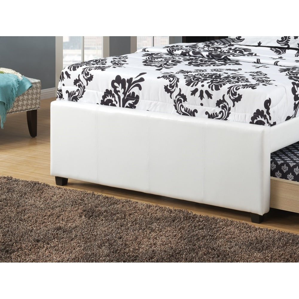 Twin Size Bed w/ Trundle Slats White Faux Leather Upholstered Plywood Kids Youth Bedroom Furniture Wooden Slats 1pc Bed