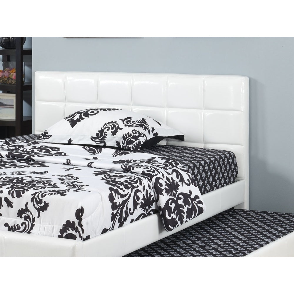 Twin Size Bed w/ Trundle Slats White Faux Leather Upholstered Plywood Kids Youth Bedroom Furniture Wooden Slats 1pc Bed