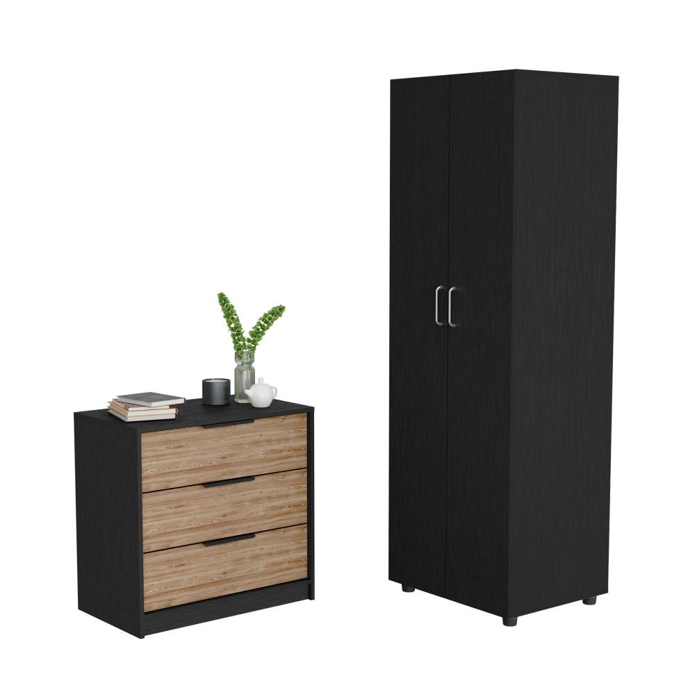 2 Piece Bedroom Set, London Armoire + Egeo 3 Drawers Dresser, Black / Pine