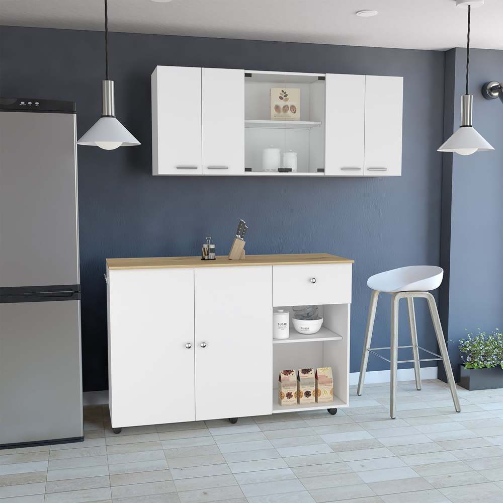 2 Piece Kitchen Set, Kitchen Island + Pantry Cabinet , White /Light Oak