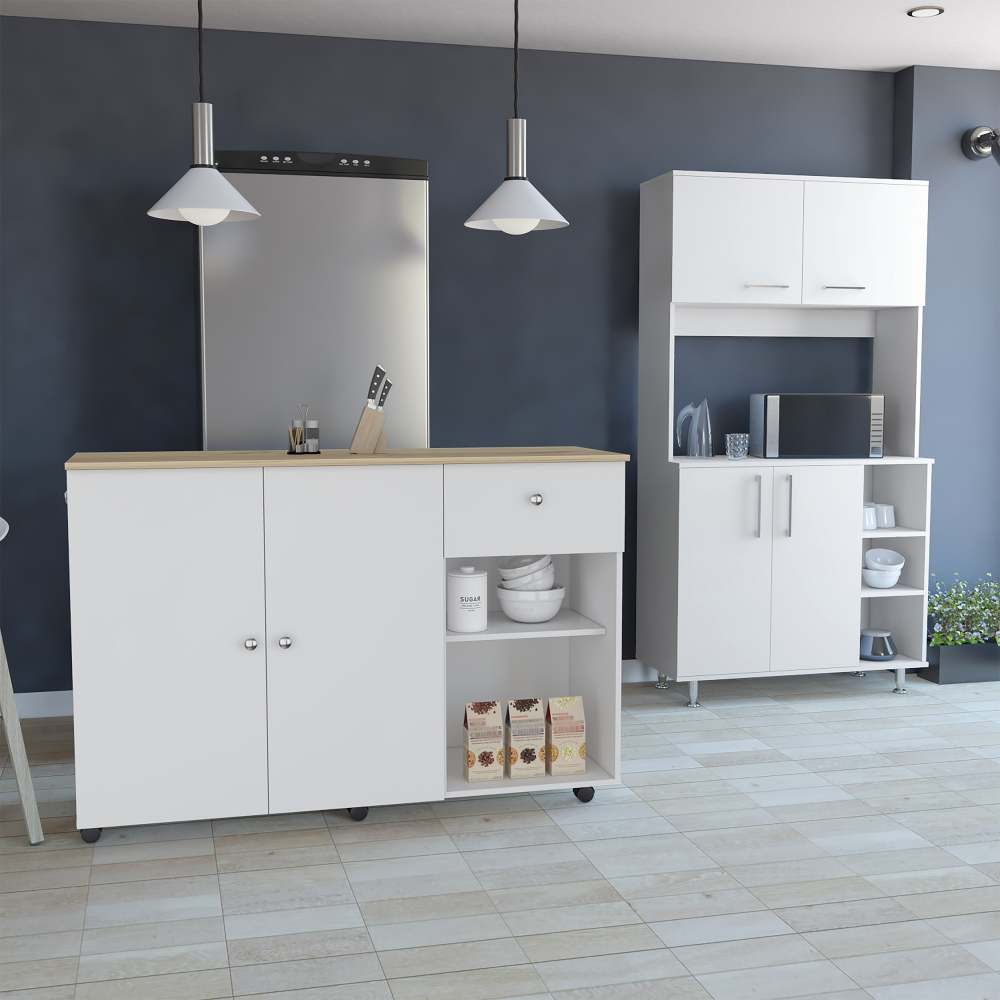 2 Piece Kitchen Set, Kitchen Island + Pantry Cabinet , White /Light Oak