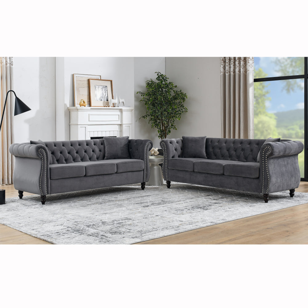 58.8" Chesterfield Sofa Grey Velvet for Living Room, 2 Seater Sofa Tufted Couch with Rolled Arms and Nailhead for Living Room, Bedroom, Office, Apartment, two pillowsW834S00069