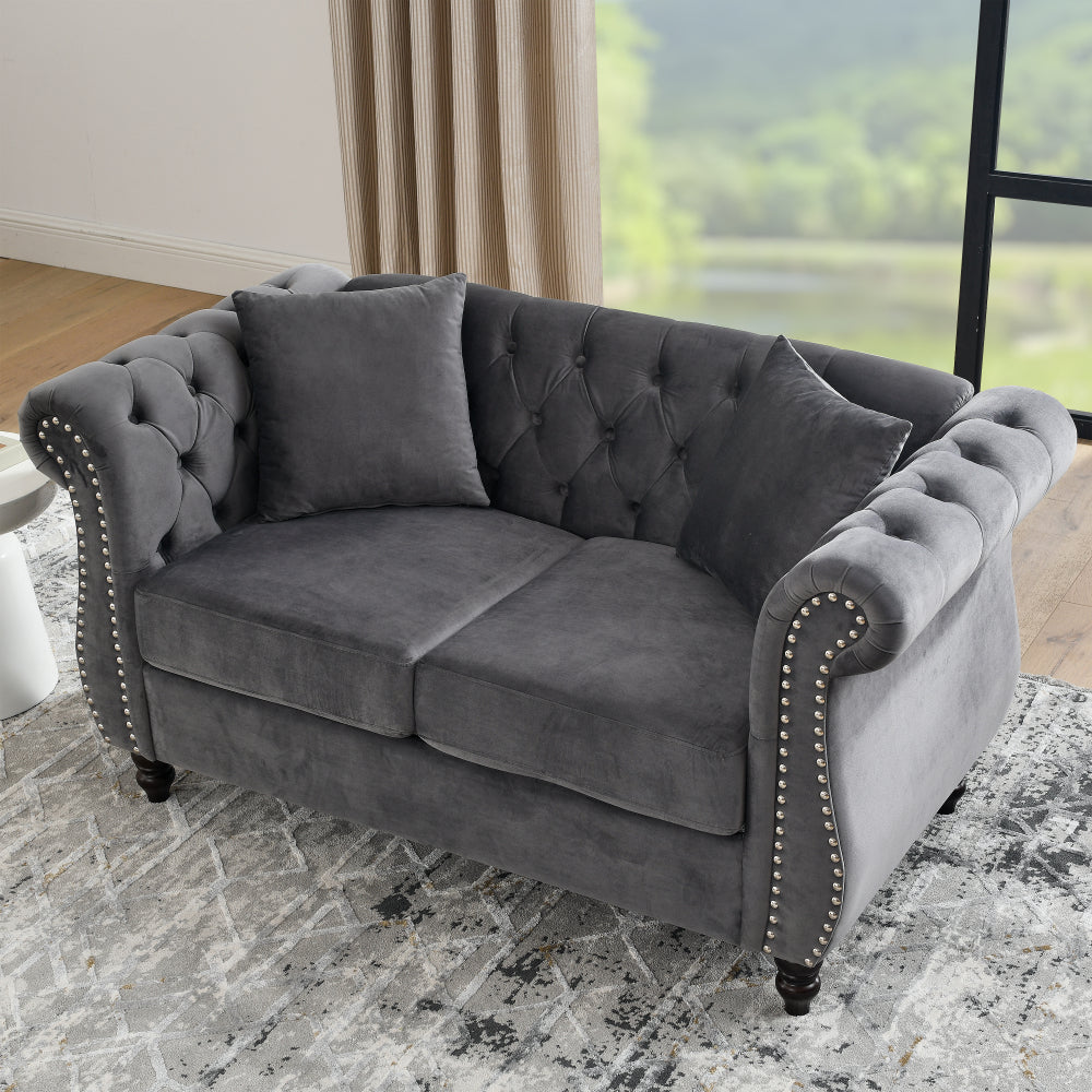 58.8" Chesterfield Sofa Grey Velvet for Living Room, 2 Seater Sofa Tufted Couch with Rolled Arms and Nailhead for Living Room, Bedroom, Office, Apartment, two pillowsW834S00069