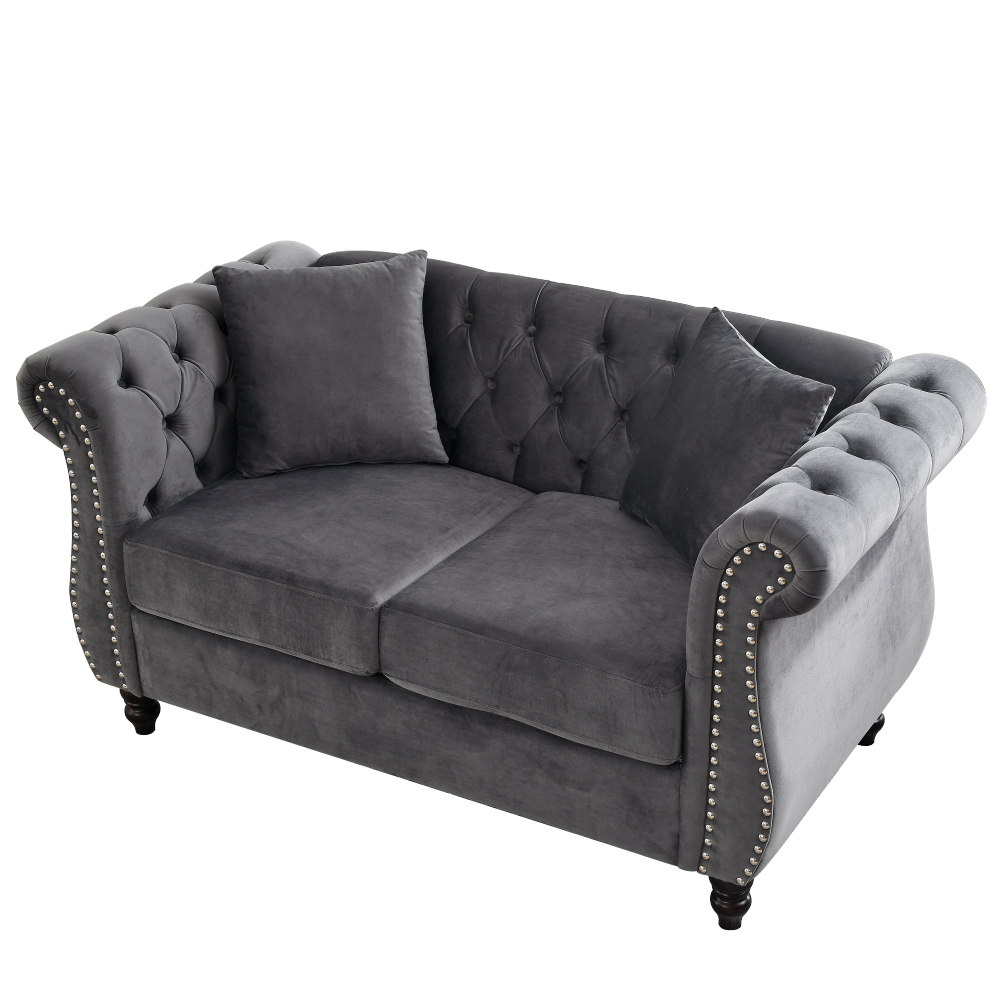 58.8" Chesterfield Sofa Grey Velvet for Living Room, 2 Seater Sofa Tufted Couch with Rolled Arms and Nailhead for Living Room, Bedroom, Office, Apartment, two pillowsW834S00069