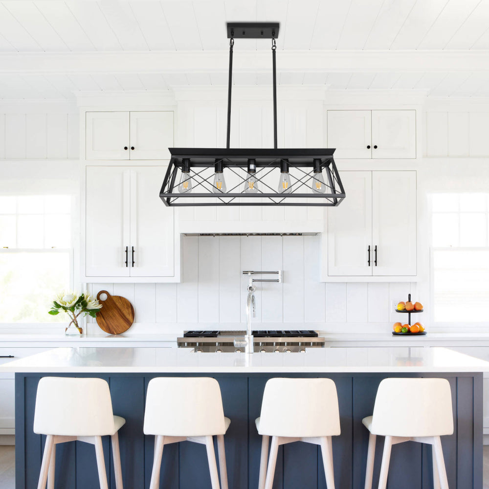 (Same as W134067498/L1003) 32" Walnut Industrial 5-Light Pendant Chandelier, Modern Metal Cage Design, Adjustable Hanging Light for Dining Room, Kitchen, Living Room (No Bulbs)