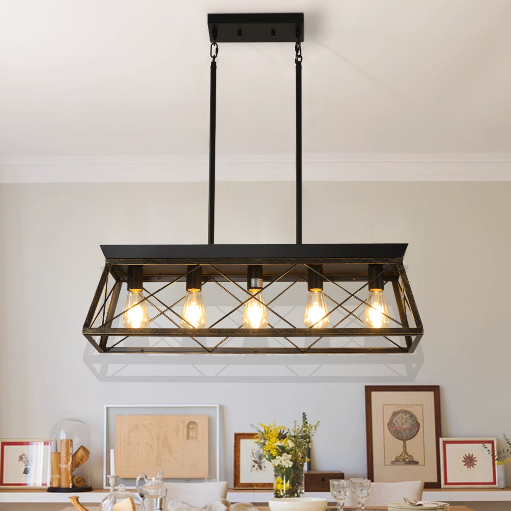 (Same as W1340111201/L1007) 32" Black Gold Industrial 5-Light Pendant Chandelier, Modern Metal Cage Design, Adjustable Hanging Light for Dining Room, Kitchen, Living Room (No Bulbs)
