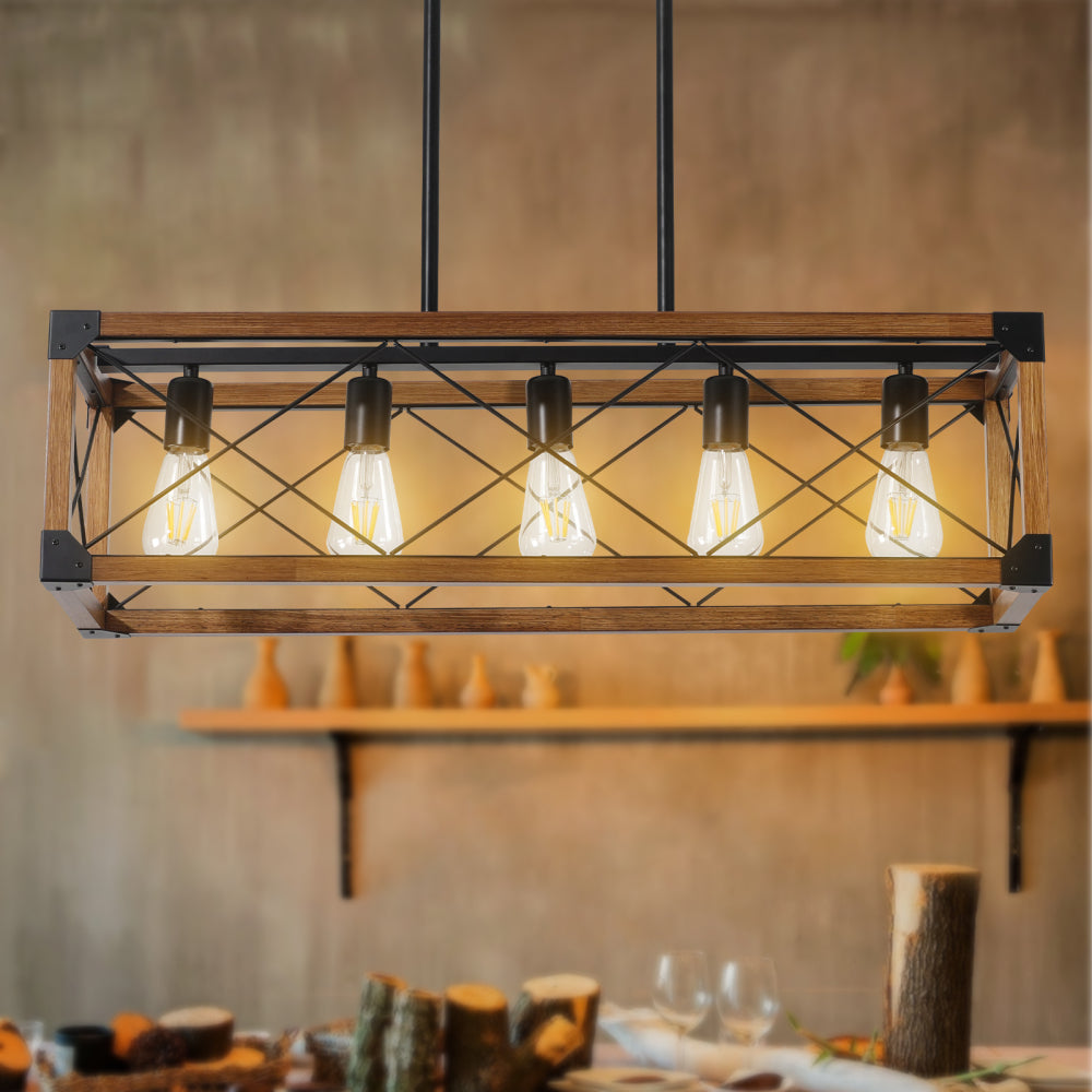 (Same as W1340P155968/L1011-RW) 32" Red Wood Industrial Farmhouse Rectangle Pendant Light, 5-Light Chandelier for Dining Room, Kitchen Island, Cafe Decor (No Bulbs)