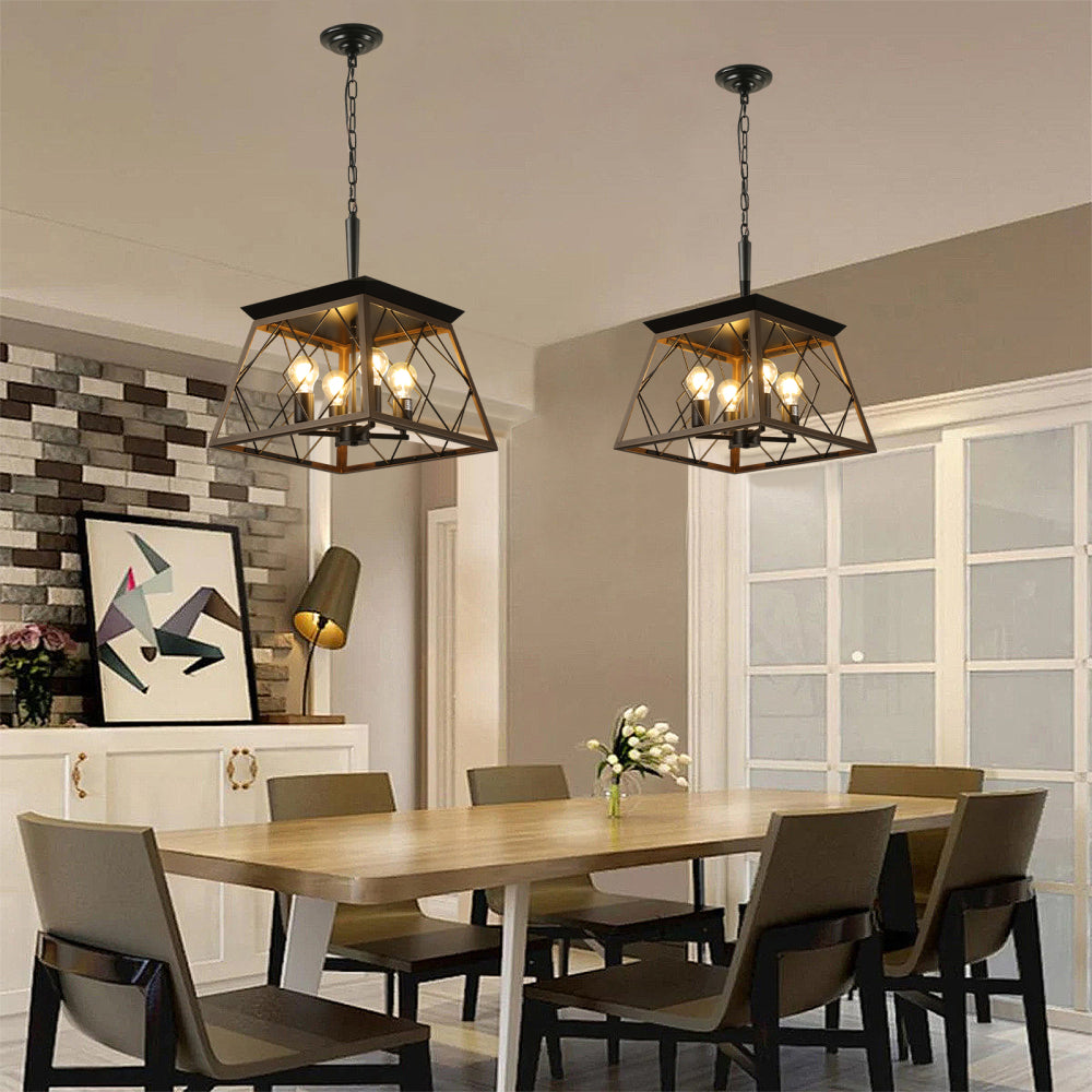 (Same as W1340111202/L1008) 16" Walnut Industrial 4-Light Pendant Chandelier, Modern Metal Cage Design, Adjustable Hanging Light for Dining Room, Kitchen, Living Room (No Bulbs)