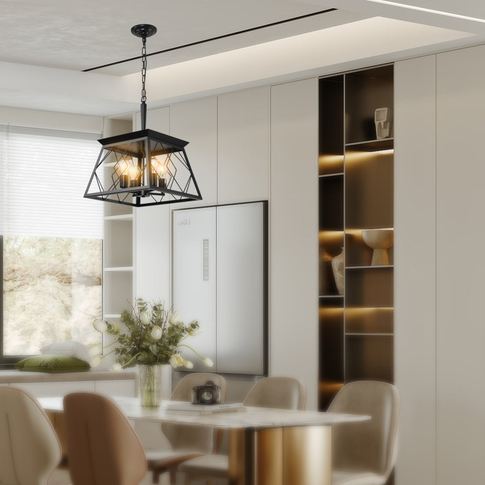 (Same as W1340111203/L1009) 16" Black Industrial 4-Light Pendant Chandelier, Modern Metal Cage Design, Adjustable Hanging Light for Dining Room, Kitchen, Living Room (No Bulbs)