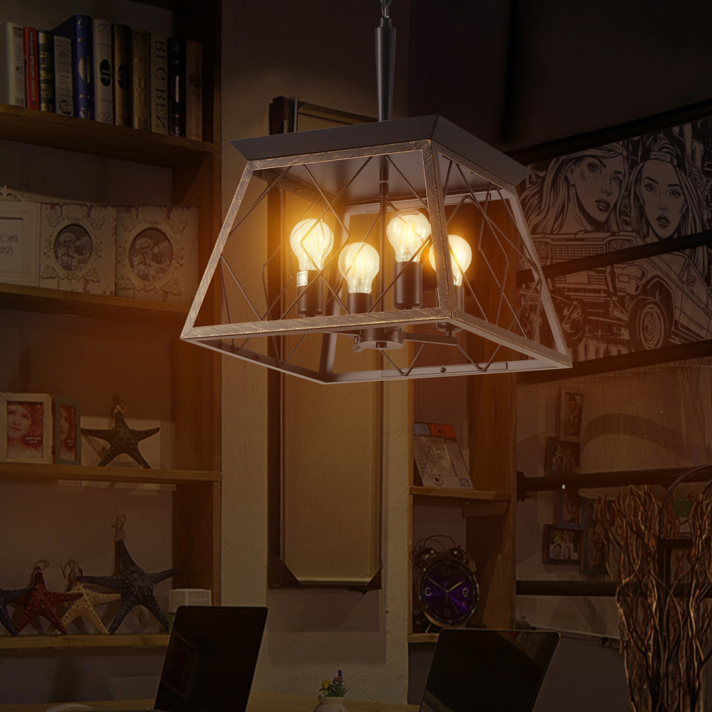 (Same as W1340111204/L1010) 16" Black Gold Industrial 4-Light Pendant Chandelier, Modern Metal Cage Design, Adjustable Hanging Light for Dining Room, Kitchen, Living Room (No Bulbs)