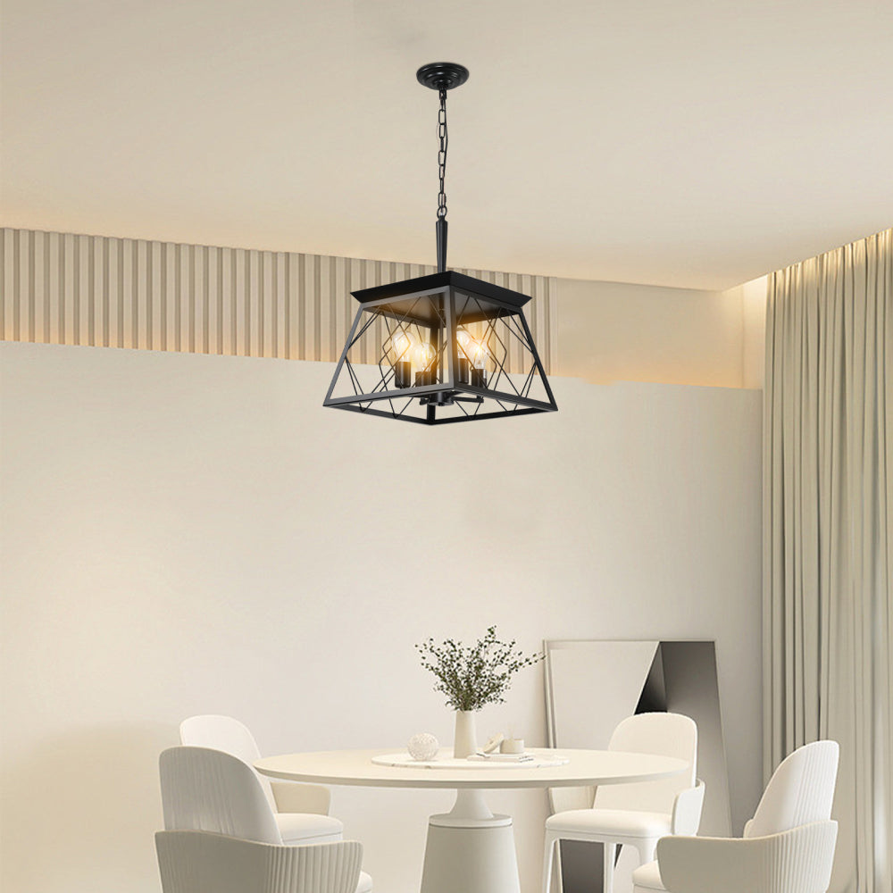 (Same as W1340111202/L1008) 16" Walnut Industrial 4-Light Pendant Chandelier, Modern Metal Cage Design, Adjustable Hanging Light for Dining Room, Kitchen, Living Room (No Bulbs)