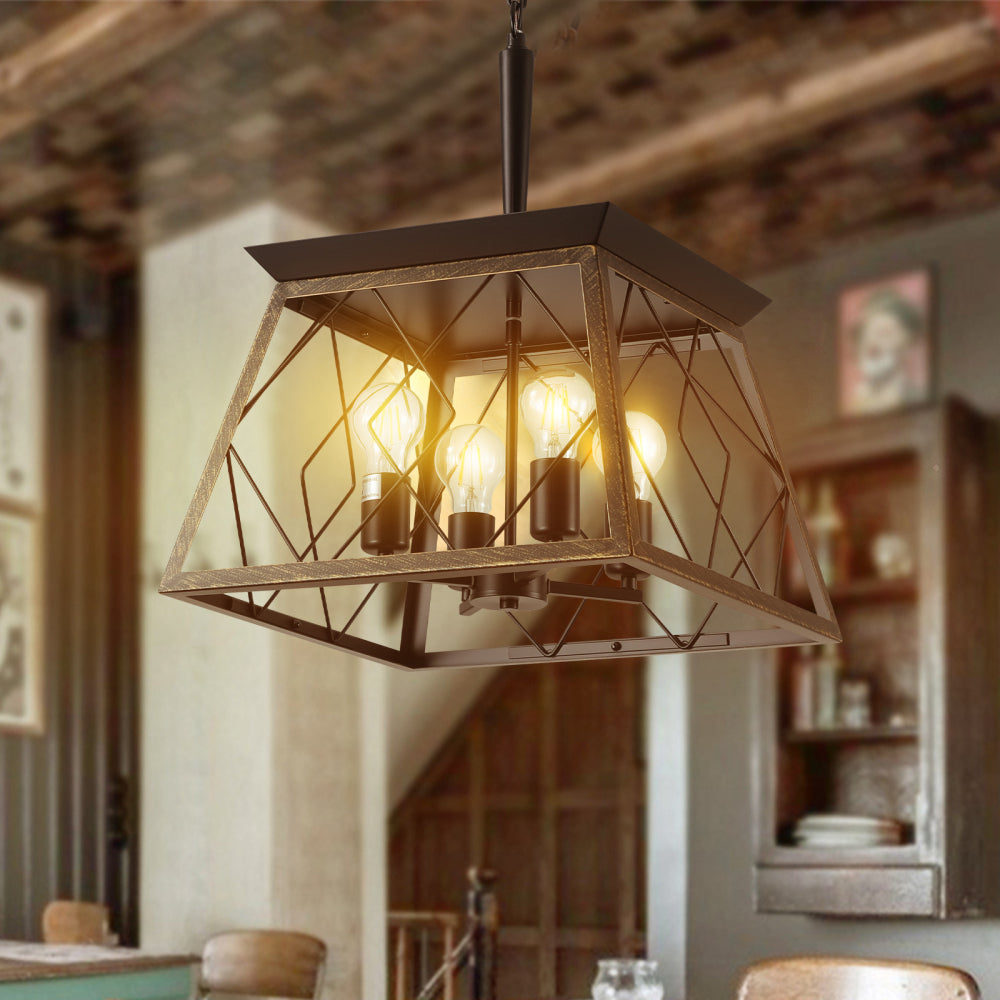 (Same as W1340111204/L1010) 16" Black Gold Industrial 4-Light Pendant Chandelier, Modern Metal Cage Design, Adjustable Hanging Light for Dining Room, Kitchen, Living Room (No Bulbs)