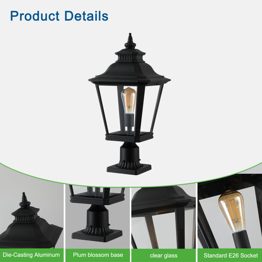 21"(H) 1-Pack Outdoor Post Lantern Light – Vintage Black Metal & Clear Glass Pillar Lamp for Garden, Gate, Driveway, and Pathway Lighting with Elegant Design (Bulb Not Included)