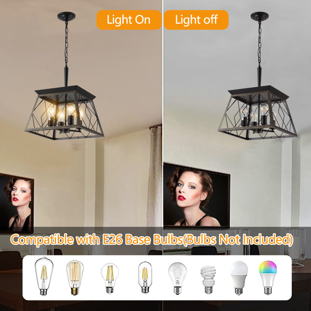 (Same as W1340111204/L1010) 16" Black Gold Industrial 4-Light Pendant Chandelier, Modern Metal Cage Design, Adjustable Hanging Light for Dining Room, Kitchen, Living Room (No Bulbs)