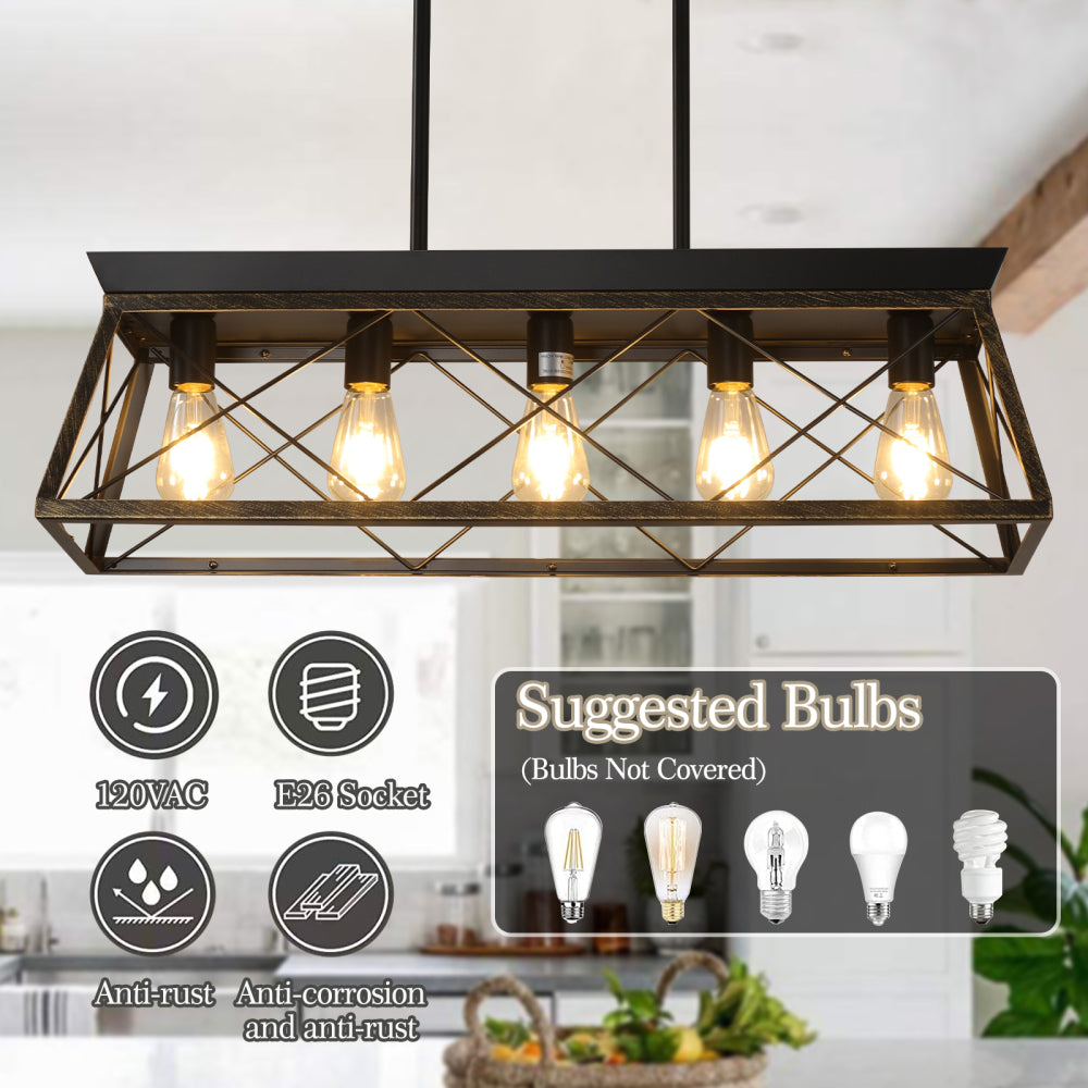 (Same as W1340111201/L1007) 32" Black Gold Industrial 5-Light Pendant Chandelier, Modern Metal Cage Design, Adjustable Hanging Light for Dining Room, Kitchen, Living Room (No Bulbs)