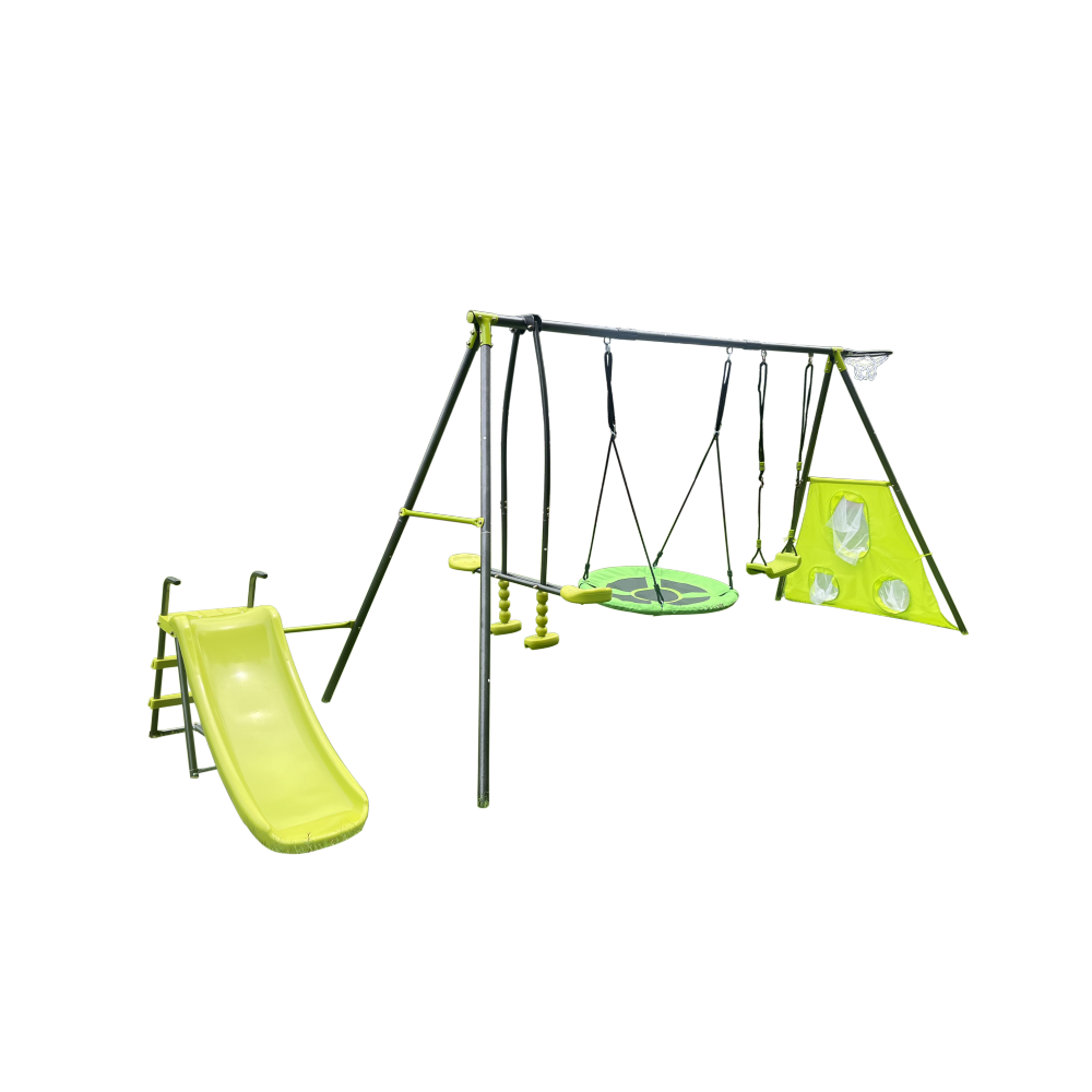 XNS052 green and blue interesting six function swingset with net swing metal plastic safe swing set 440lbs for outdoor playground for age 3+ with 31.5in net swing