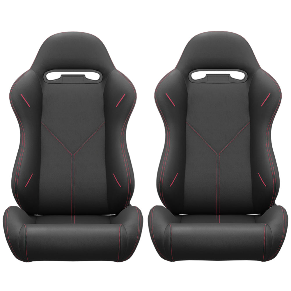 2PC Universal Bucket Racing Seats Red Stitch Red PVC Leather Reclinable Carbon Look Leather Back With Adjustor Slider(Not Including Seat Bracket ) 1 box of 2 pieces