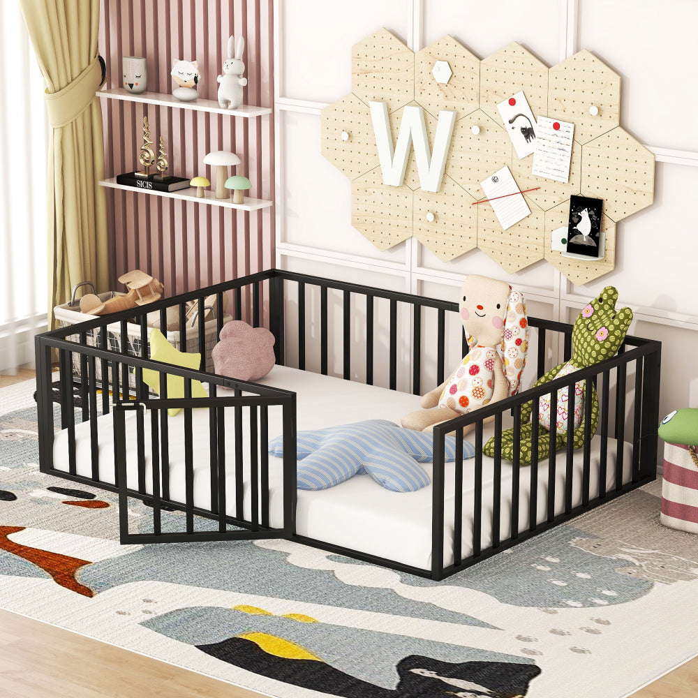 Twin Size Metal Floor Bed Frame with Fence and Door, Black