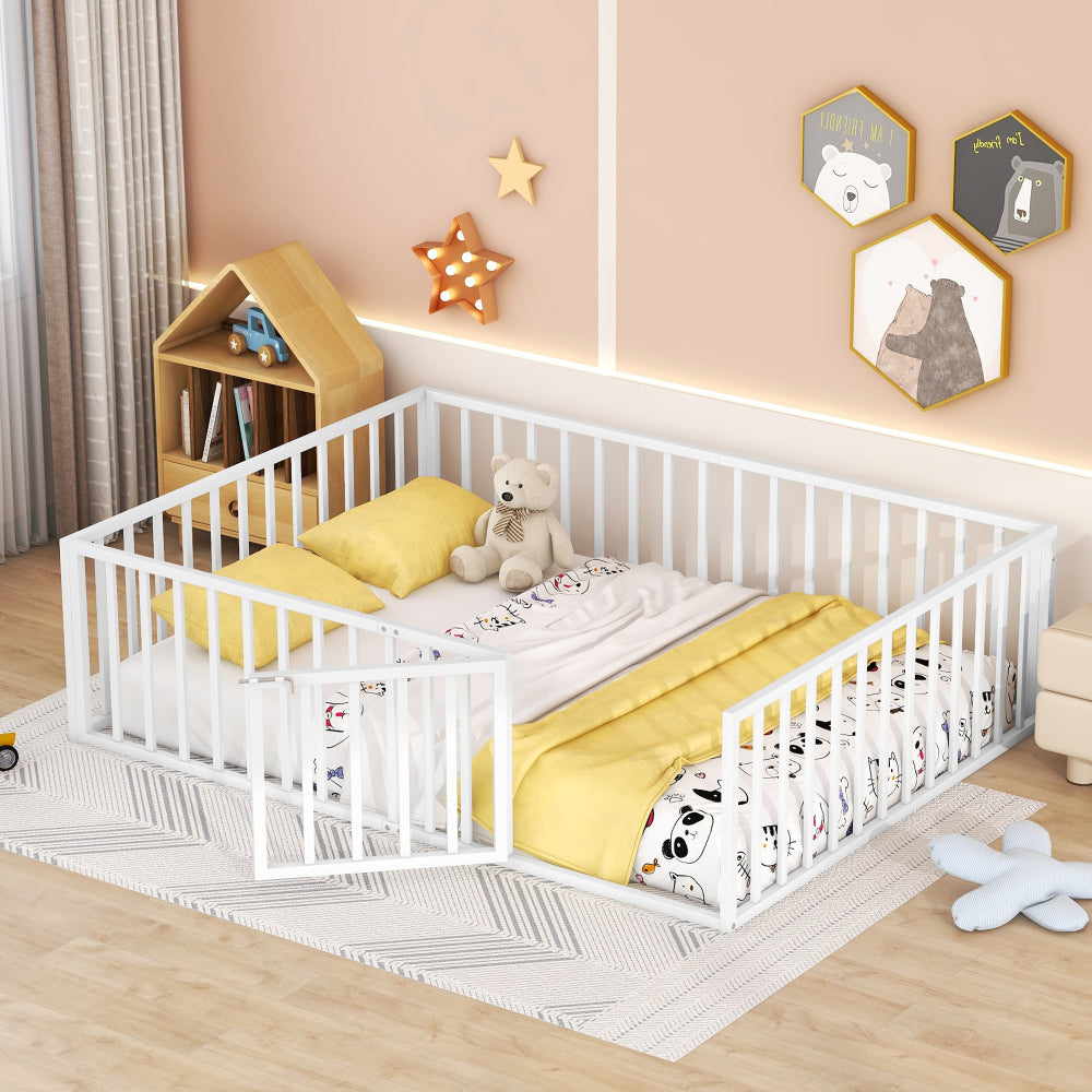 Twin Size Metal Floor Bed Frame with Fence and Door, Black