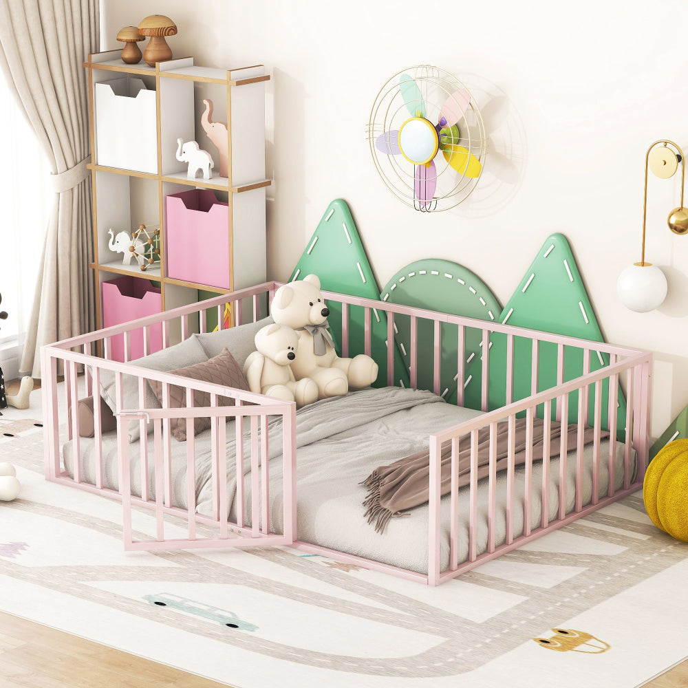 Twin Size Metal Floor Bed Frame with Fence and Door, Black