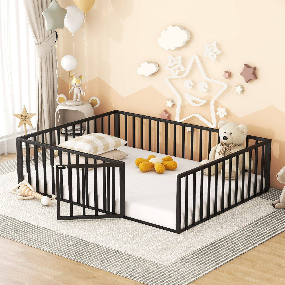 Twin Size Metal Floor Bed Frame with Fence and Door, Black