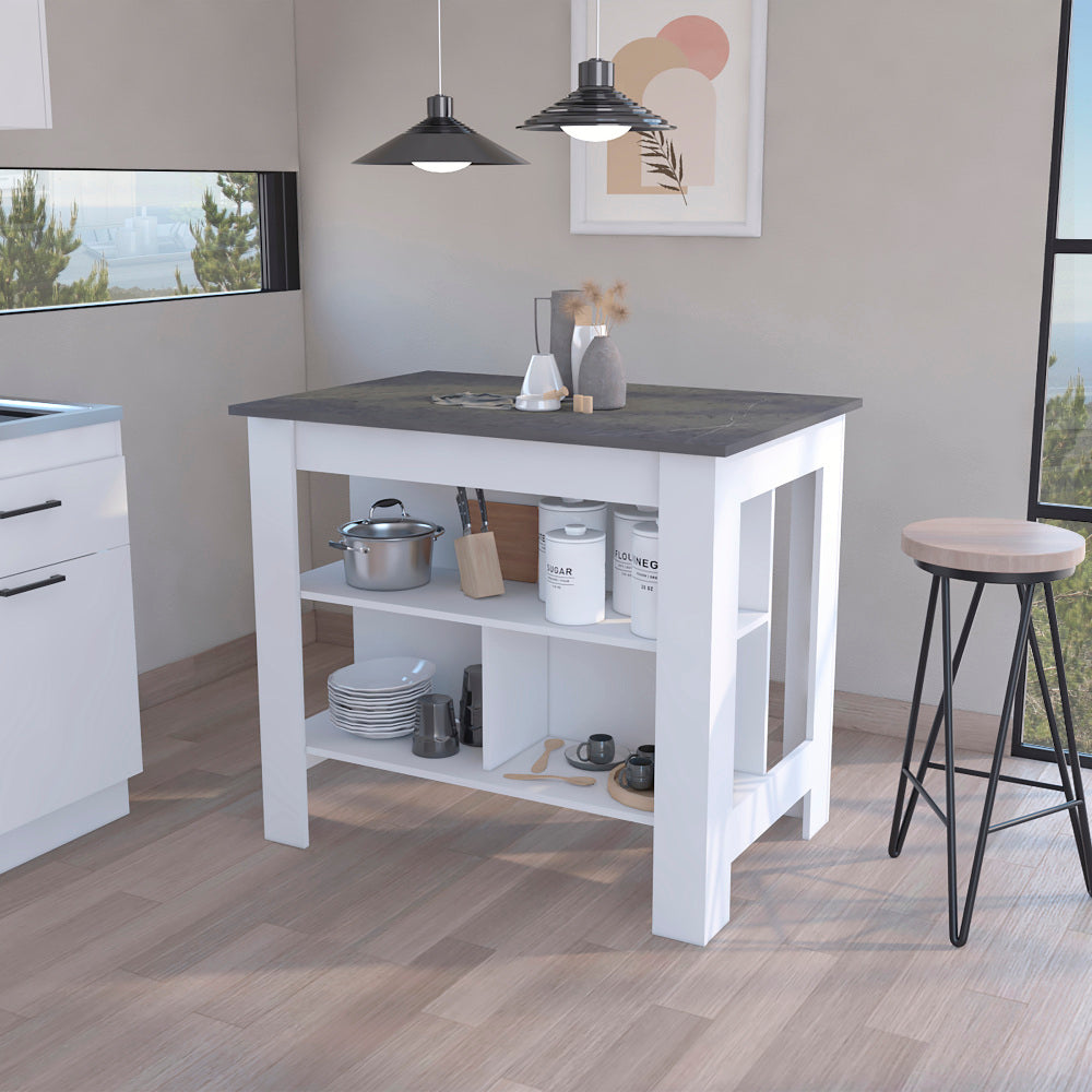 Kitchen Island Dozza, Three Shelves, White / Walnut Finish
