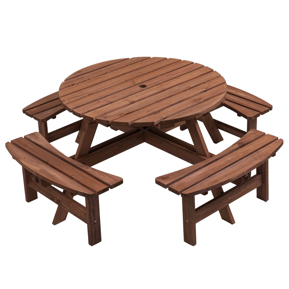 6-Person Circular Outdoor Wooden Picnic Table for Patio, Backyard, Garden, DIY w/ 3 Built-in Benches, 1720lb Capacity - Natural