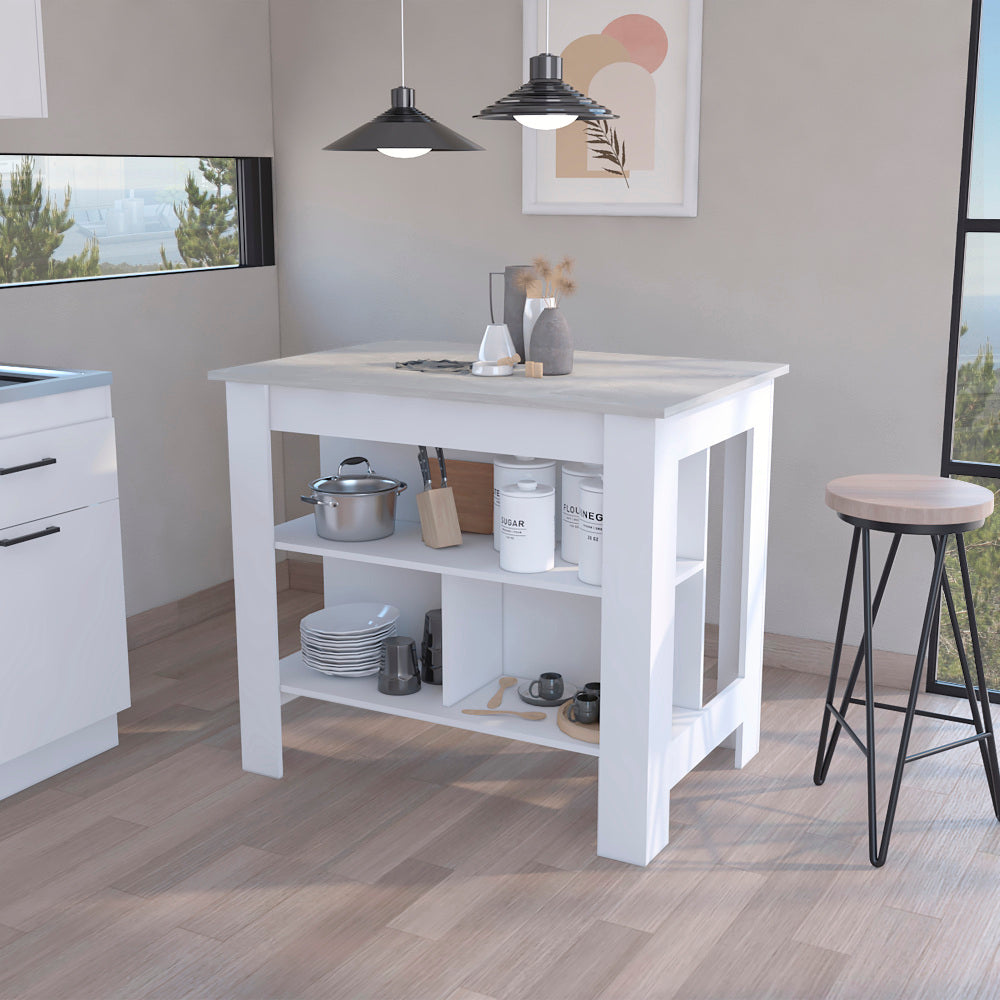 Kitchen Island Dozza, Three Shelves, White / Walnut Finish