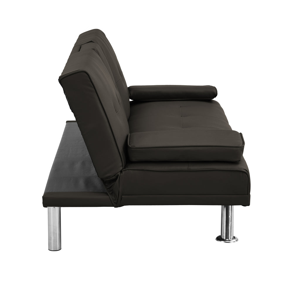 Sofa Bed with Armrest two holders WOOD FRAME, STAINLESS LEG, FUTON BROWN PVC,DARK BROWN