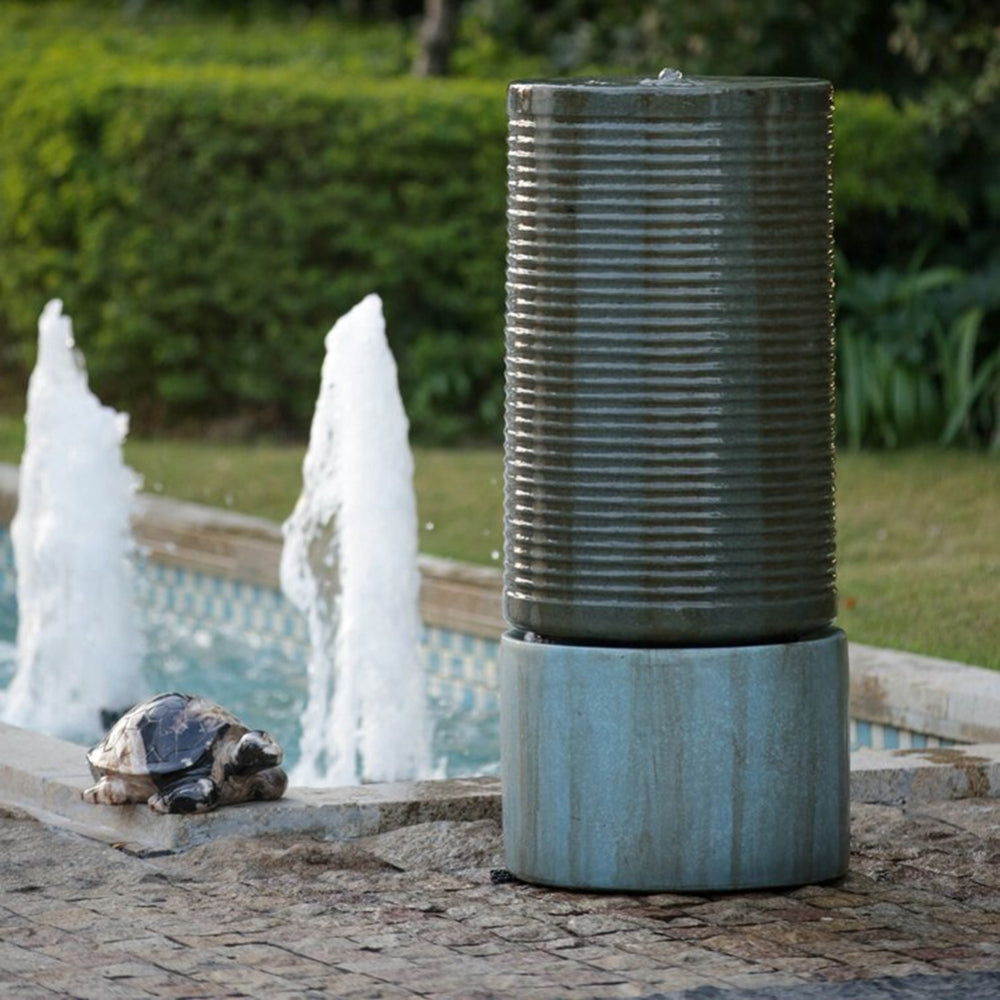 44" Tall Large Modern Cylinder Ribbed Tower Water Fountain, Contemporary Antique Finish Outdoor Bird Bath Concrete Fountain