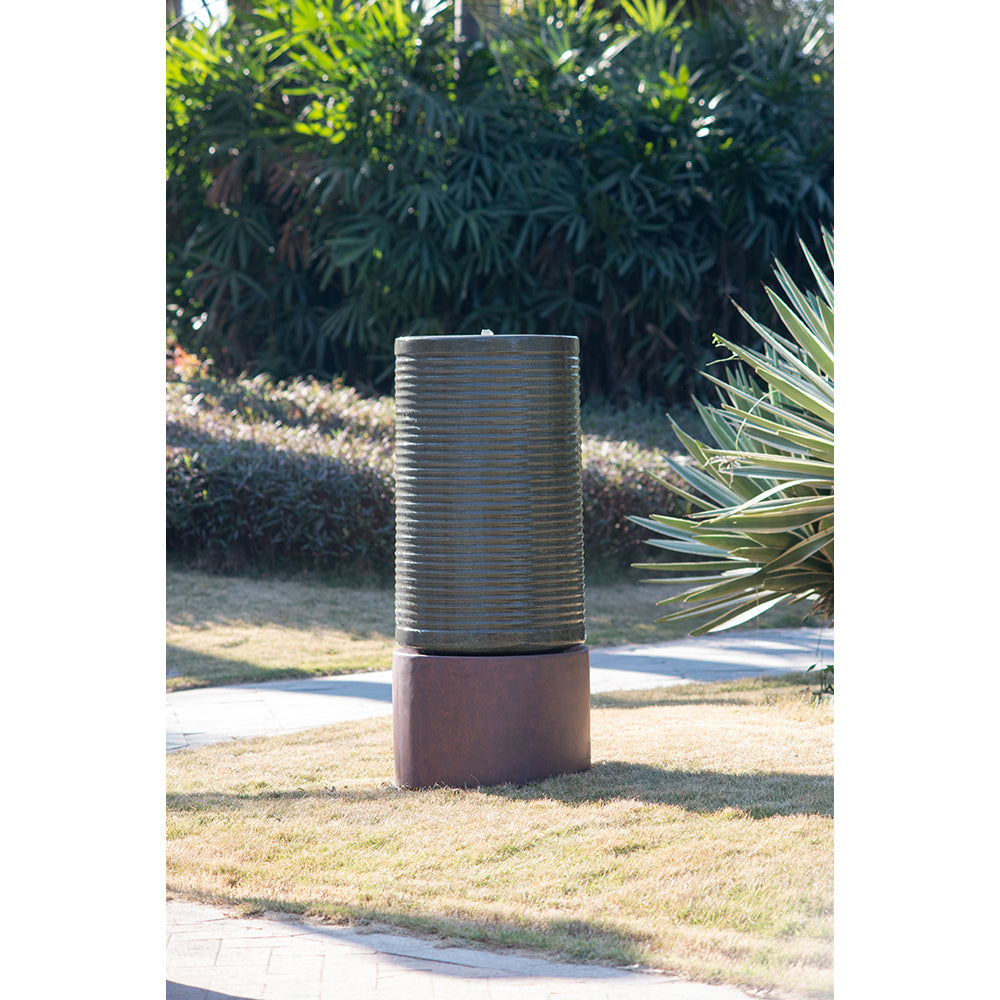 44" Tall Large Modern Cylinder Ribbed Tower Water Fountain With Rustic Base, Contemporary Antique Green Copper Finish Outdoor Bird Feeder / Bath Cement Fountain